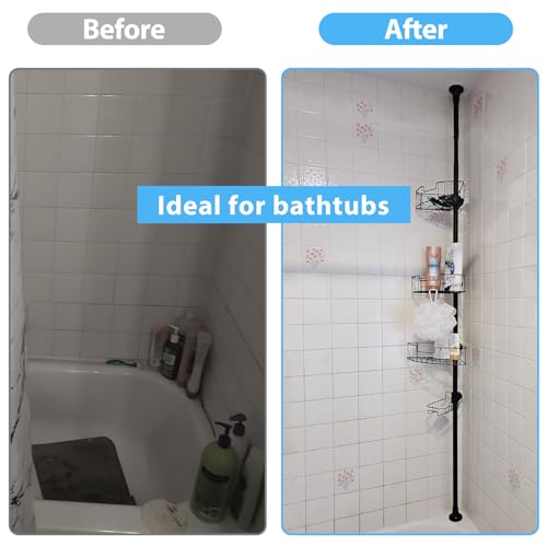 BsBsBest Shower Organizer Caddy - Stainless Steel Shower Shelves Rack, Adjustable Organization And Storage Head Holder, Rustproof Tension Pole, Black