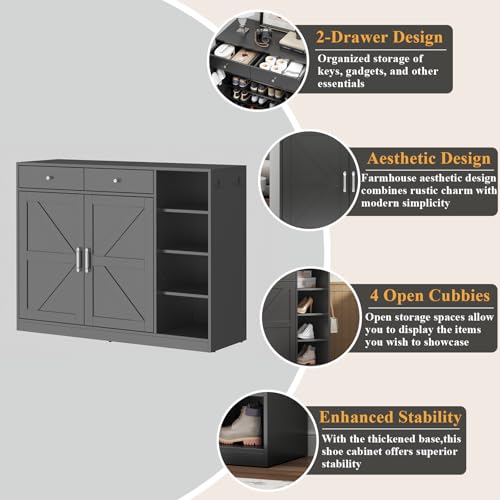 Loomie 5-Tier Shoe Cabinet with 4 Side Cubbies, Farmhouse Shoe Rack Cabinet with 6 Adjustable Shelves & 2 Drawers, Freestanding Shoe Storage Cabinet with 4 Brackets & 2 Hooks for Entryway (Black) - color: Black