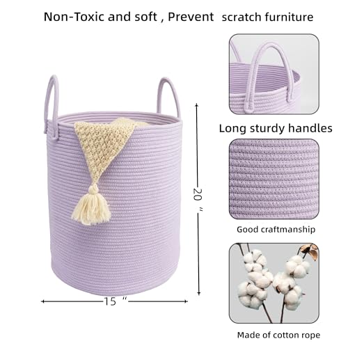 Woven Cotton Rope Laundry basket-15”X20” Laundry Hamper-Rope Storage Basket for Dirty Clothes, Toys and Blankets Perfect for Bathroom, Baby nursery and Living Room Storage (purple) - color: purple, size: regular