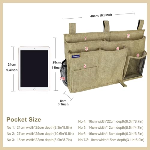 Surblue Bedside Caddy Hanging Bed Organizer Storage Bag Pocket for Bunk and Hospital Beds, College Dorm Rooms Baby Bed Rails, Camp 8 Pockets, (Large, Linen) - color: Linen, size: Large