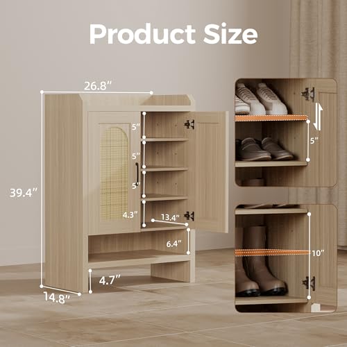 Mericonia 6-Tier Shoe Cabinet Storage for Entryway, Rattan Shoes Organizer Cabinets with Doors, Wooden Shoe Rack, Farmhouse Boho Wood Storage Cabinet (Oak, 6-Tier) - color: Oak, size: 6-tier