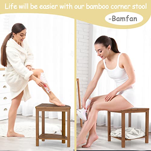 Bamfan Bamboo Corner Shower Bench Waterproof Stool with Space-Efficient Storage Shelf - Shower Stool Seat for Indoor or Outdoor Use(Walnut) - color: Walnut