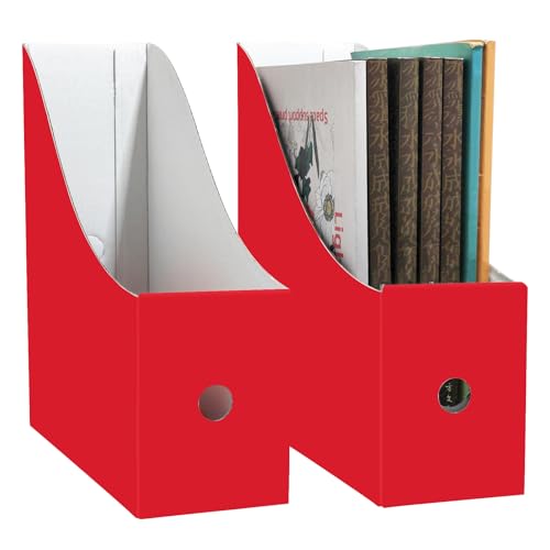 Limitliho Magazine File Folder Holder for Desk, Book Bins for Classroom Library,Office,Home, 10.6" H x 10.2" L x 3.5" W in Cardboard Paper Organizer (Red, 2 Pack) - color: Red