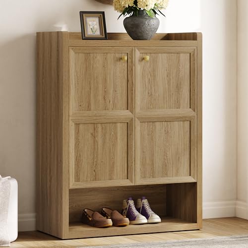 SICOTAS Shoe Cabinet Storage for Entryway - 24-Pair Shoe Cabinets with Doors and Adjustable Shelves, Modern 33.9" Wide 7-Tier Shoes Storage Cabinet for Hallway Mudroom Closet Living Room, Brown Oak - color: Brown Oak, size: 1 Piece
