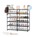2-Row 6-Tier Stackable Shoe Rack, Black Metal Shoe Shelf with Multifunctional Hooks, Hold 24-30 Pairs, Space Saving Shoes Organizer for Closet,Show Rack - size: 2 Row 6 Tier