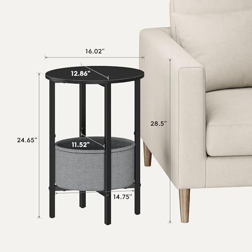 Vagusicc Round Side Table End Table with Storage Basket, Small Side Table Round Nightstand for Small Spaces, Tall Oval End Table with Steel Frame, Coffee Bedside Table for Living Room Bedroom, Black - color: Black