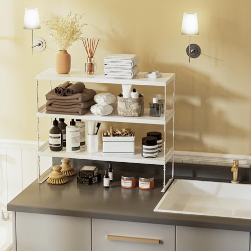 Jojocross Adjustable Stackable Metal Storage Shelf Organizer - Expandable Wire Rack with Perforations for Kitchen, Pantry, Bathroom, Cabinet & Office-Compact, Durable & Sturdy (3PACKS/Large/White) - color: 3packs/Large/White, size: Large