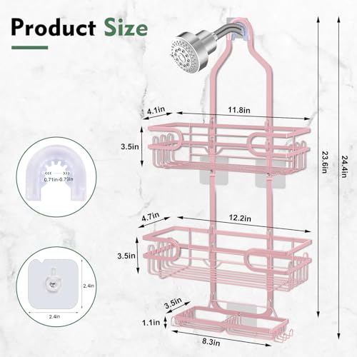 Shower Caddy Hanging, Over Head Shower Caddy Shower Storage Rack Basket with Hooks for Razor and Sponge Rustproof, No Drilling, Accessories for Bathroom and Kitchen, pink - color: Pink