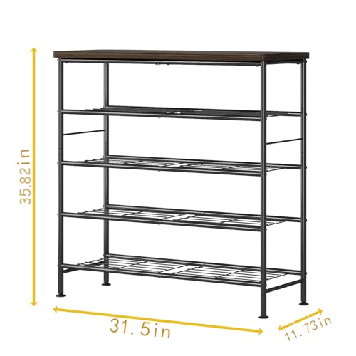 SUOERNUO Shoe Rack Organizer 5 Tier for Closet Entryway Free Standing Metal Storage Shoe Shelf with MDF Top Board，Black+Rustic Brown - color: Black+rustic Brown, size: Standard 5 Tier