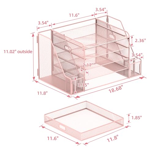SUPEASY Mesh Desk Organizer with File Holder, 5-Tier Paper Letter Tray Organizer with Magazine Holder, Desktop Organizer and Storage with Drawer for Office Supplies Home or School (Pink) - color: Pink