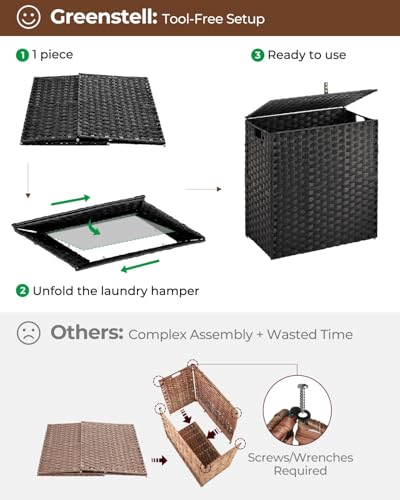 Greenstell Laundry Hamper with lid, No Install Needed, 110L Wicker Laundry Baskets Foldable 2 Removable Liner Bags, 2 Section Clothes Hamper Handwoven Rattan Laundry Basket with Handle, Black - color: Black, size: 110L (22.2x13.3x24.0 Inches)