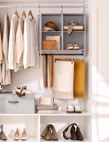 StorageWorks Hanging Closet Organizer with Metal Rod, 4-Section Closet Organizers and Storage, Collapsible Hanging Shelves for Closet, Bedroom, Kids Dorm Room, RV Camper, Gray and White - color: Grey & White, size: 12¼"D x 24½"W x 28"H