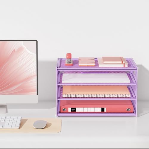 Lavatino 3-Tier Letter Tray Desk Organizer, Mesh Paper File Tray Organizer for Desk, Office Supplies & Home Organization, Fits A4 Paper, Mail, Magazines & Office Accessories (Purple with Handle) - color: 4-tier With Handle - Purple