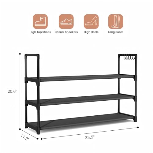 VILICK Shoe Rack for Closet Shoe Organizer Space Saver Storage for 12-15 Pair Shoe Shelf with Hook Free Standing 3 Tier Shoe Rack Organizer for Entryway, Small Spaces, Black - color: Black, size: 33.5"W - 3 Tier