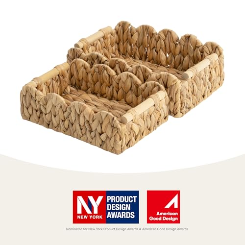 StorageWorks Toilet Paper Basket 2 Pack, Back of Toilet Basket with Wooden Handles, Small Wicker Decorative Scalloped Baskets for Organizing, Living Room Storage, Natural Water Hyacinth - color: Water Hyacinth(Natural), size: 11¾" L × 7¾" W × 4" H