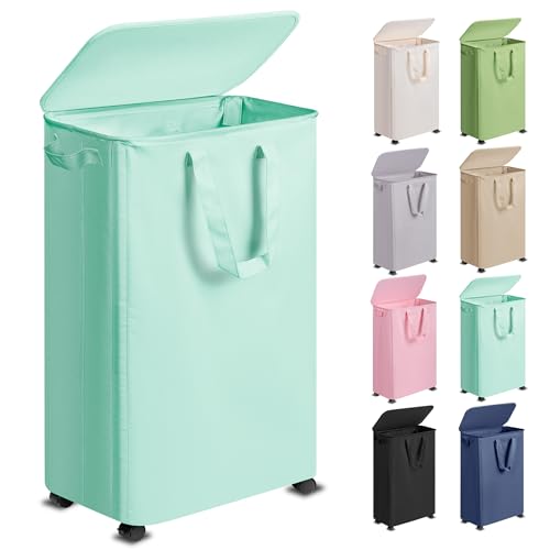 Vincona Slim Laundry Hamper with Lid and Wheels, Small Rolling Laundry Basket with Handle for Small Spaces, Tall Dirty Clothes Hampers for Dorm, Bathroom and Bedroom, 75L, Light Blue - color: Light Blue, size: 75L