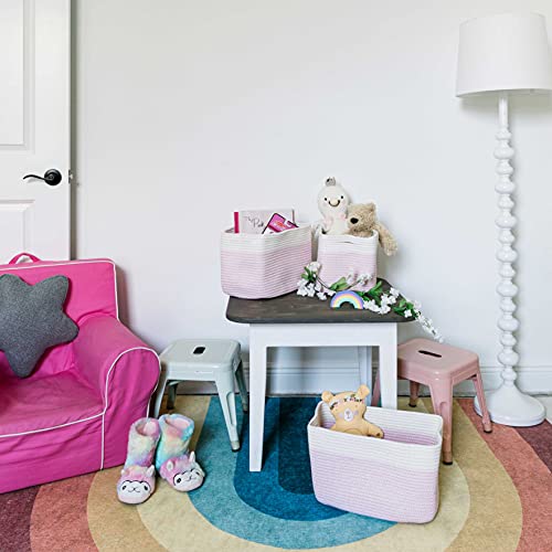 OrganiHaus Rope Baskets for Shelves - Set of 3 Woven Storage Baskets for Organizing, Closet & Toy Storage - Pink/Off-White - 15x9x10 - color: Pink / Off-White