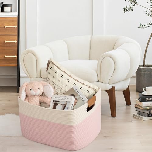 danpinera Woven Rectangle Storage Basket, Large Blanket Basket for Living Room,Kids Room, Storage Bin Box with Handle for Pillows, 22’’*17’’*11.8’’, 72L, White/Pink - color: White+Pink, size: 72L