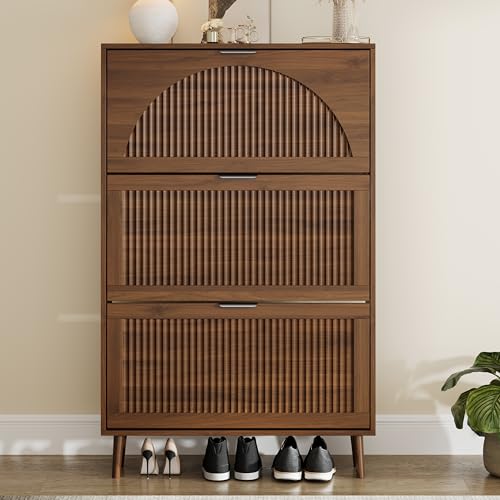 Shoe Storage Cabinet with 3 Flip Drawers, Narrow Wood Shoe Organizer Cabinet with Fluted Panel, Slim Shoe Rack for Entryway, Freestanding Shoe Cabinet for Living Room, Hallway, Walnut - color: Walnut, size: 3-Drawers