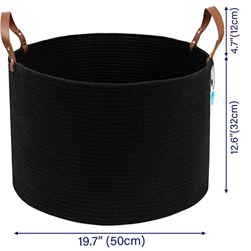 Casaphoria XXXLarge Cotton Rope Basket for Living Room - Woven Storage Basket with long Handle for Blankets, Towels and Pillows Laundry Hamper | Black (20" x 20" x 13") - color: Black
