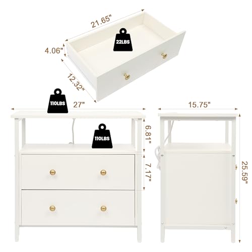 Edbuosy 27 inch Wide Night Stand with Charging Station, Bedside Table with Open Shelf, 2 Drawers Small Wood Dresser, Modern Wood Nightstand for Bedroom/Living Room (White) - color: White, size: 2 Drawers