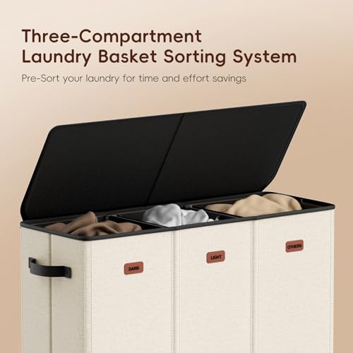 185L Laundry Hamper 3 Section, Laundry Hamper with Lid, Dirty Clothes Hamper with 3 Removable Washing Bags, Extra Large Laundry Basket Organizer for Bedroom, Laundry Room, Dorm - Beige - color: Beige, size: 185L - 3 Section