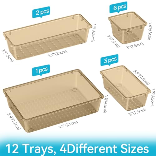 ElegantArray 12 PCS Drawer Organizer Set, 4 Sizes Tool Storage Trays, Clear Plastic Makeup Vanity Organizer and Storage Bins for Stationeries, Multiple Gadgets for Office, Bedroom, Champagne - color: Champagne, size: 12 PCS