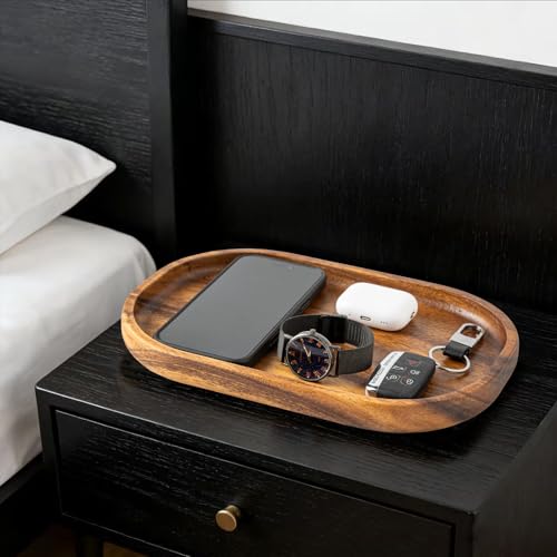 Acacia Oval Wooden Valet Tray for Men Women, Acacia Wood Serving Tray Key Dump Bedside Nightstand Dresser Organizer EDC Catch All Decorative Wooden Tray for Phone Wallet Keys Jewelry (12 x 7.9 Inch)
