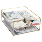 BTSKY 2 Pack Golden Glass Desk Tray, Multi-Purpose Organizer for A4 Paper, Documents, Desk Supplies, Makeup, Clear File Tray with Metal Frame, Stackable Decorative Storage for Home Office Vanity