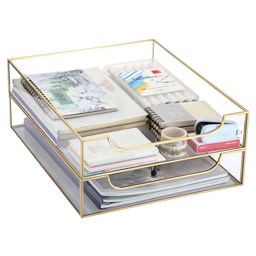 BTSKY 2 Pack Golden Glass Desk Tray, Multi-Purpose Organizer for A4 Paper, Documents, Desk Supplies, Makeup, Clear File Tray with Metal Frame, Stackable Decorative Storage for Home Office Vanity
