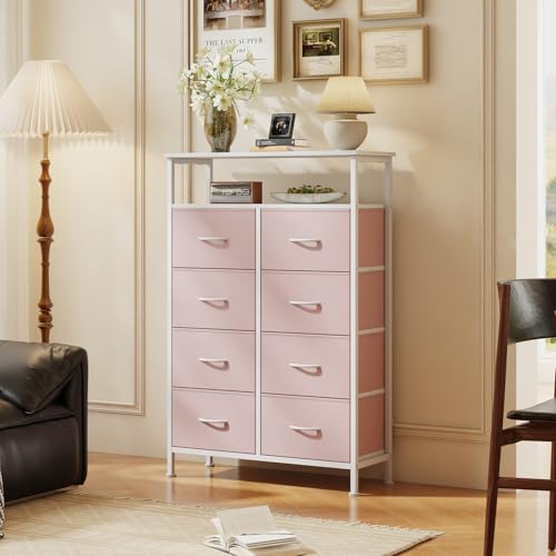 DUMOS Fabric Dresser for Bedroom with 8 Drawers, Tall 8-Drawer Chest of Drawers with Raised Shelf, Storage Tower with Fabric Bins for Closet Organization, Hallway Storage, Rose - color: Blush, size: 31.5"D x 45.9"W x 11.8"H (8 Drawers)