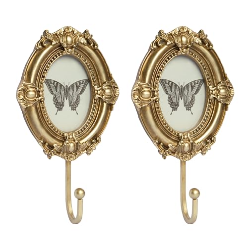 AELS Decorative Wall Hooks with 2.5"x3.5" Vintage Ornated Oval Picture Frame, Vintage Photo Holder with Gold Hook for Coats, Purses, Towels and Keys, Ideal for Entryway, Bedroom or Wedding Decor - color: 2.5X3.5