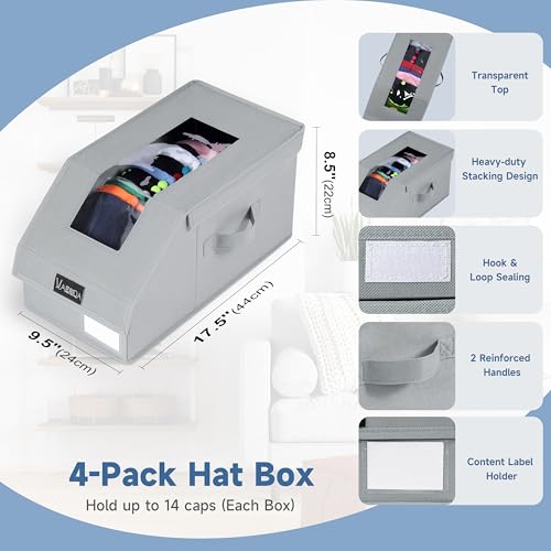 VAESIDA Hat Organizer for Baseball Caps, 4 Pack Hat Storage Box, Holds up to 56 Caps, Baseball Cap Organizer for Closet/Shelf, Hats Box Holder | Stackable, Foldable, Easy-Access, Clear Lid, Grey - color: Grey