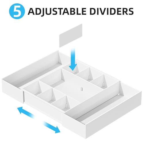 Marbrasse Expandable Desk Drawer Organizer, Clear Plastic Drawer Organizer Tray with 10 Adjustable Compartments, Desk Organizers and Accessories, 5 Drawer Dividers for Office Supplies, Makeup(White) - color: White