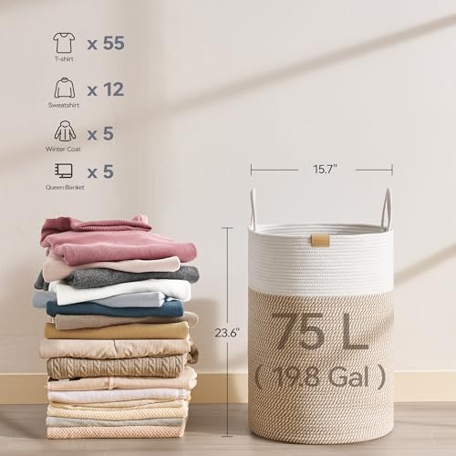 Nunsino Laundry Hamper 75L,Large Laundry Basket for Clothes,Decorative Storage Basket for Blankets,Cotton Rope Woven basket for bedroom,Brown White - color: Brown&White, size: 75L/19.8Gal