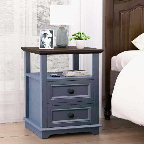 REDAYFUR End Table with Fast USB C Charging Station, 18" Wide Tall Sofa Side Table with 2 Drawers, Large Storage Rustic Wood Square Storage Cabinet for Living Room, Bedroom, Office, Blue - color: Dark Blue, size: 1 Piece