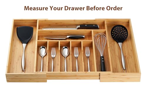 Umilife Extra Large Expandable Kitchen Siverware Utensils Drawer Organizer, 19" Deep for Big Drawer, Adjustable Bamboo Wood Drawer Divider with Curved Grooves, Cutlery Tray Flatware Holder - size: Expandable 17~28 x 19 inch