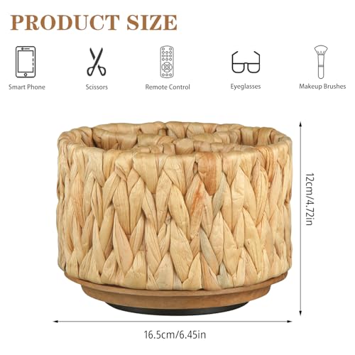 BIBELUN TV Remote Control Holder - Woven Water Hyacinth 360 Degree Rotating Desk Organizer | Boho Rattan Spinning Caddy | Pen/Art Supplies/Stationery Storage for Office, Living Room, Bedside Table