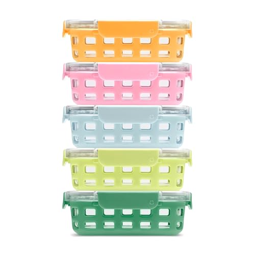 Ello Duraglass 3.4 Cup Meal Prep Sets 10Pc, 5 Pack Set- Glass Food Storage Container with Silicone Sleeve and Airtight BPA-Free Plastic Lids, Dishwasher, Microwave, and Freezer Safe, Meadow - color: Meadow, size: 3.4 Cup