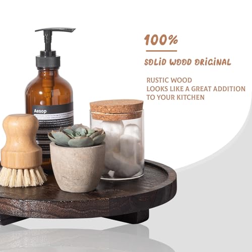 Round Decorative Tray Wood Bathroom Counter Organizer Farmhouse Kitchen Decor Wooden Riser for Soap Dish, Perfume, Candle, Sponge, 10" - Dark Brown - color: Dark Brown, size: 10"