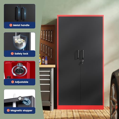 Yizosh Metal Garage Storage Cabinet with 2 Doors and 5 Adjustable Shelves - 71" Steel Lockable File Cabinet,Locking Tool Cabinets for Office,Home,Garage,Gym,School (Red Black) - color: Red Black, size: 71"H x 32"W x 16"D-A