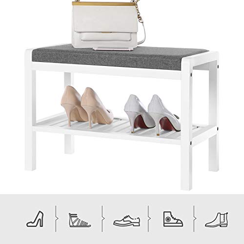 SONGMICS Shoe Rack Bench with Cushion Upholstered Padded Seat, Storage Shelf, Shoe Organizer, Holds Up to 350 lb, Ideal for Entryway Bedroom Living Room Hallway Garage Mud Room Gray and White ULBS65WN - color: Gray + White