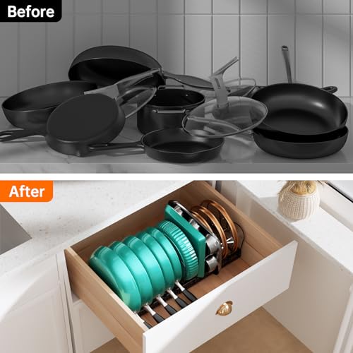 MUDEELA Expandable Pots and Pans Organizer Rack under Cabinet, Pots Lid Organizer Rack for Kitchen Cabinet Organizers and Storage with 12 Adjustable Dividers Cutting Board Holder & Anti-Scratch Strips - style: 12 Dividers-Black