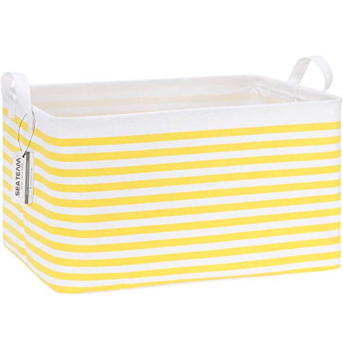 Sea Team Collapsible Canvas Fabric Storage Basket with Handles, Rectangle Waterproof Storage Bin, Box, Cube, Foldable Shelf Basket, Closet Organizer, 16.5 x 11.8 x 9.8 Inches, Yellow Stripe - color: Stripe/Yellow, size: 16.5 Inch (Pack of 1)