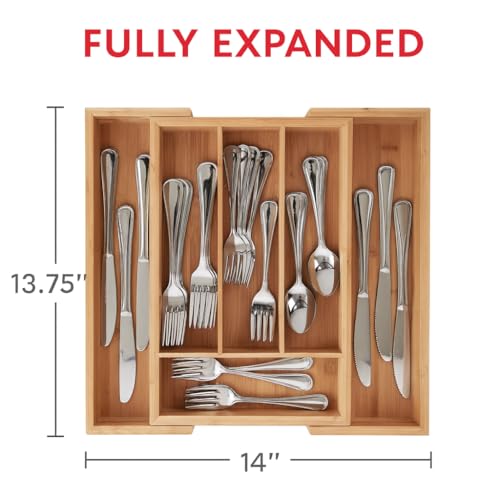 HIC Kitchen Expandable 6-Slot Silverware Cutlery Utensil Storage Tray, Natural Bamboo, Opens to 14-Inches - style: Silverware Tray