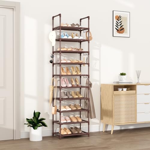 VTRIN 10 Tiers Tall Shoe Rack Holds 20-25 Pairs of Shoes Sturdy Vertical Shoe Organizer with 18pcs Hooks Stackable Narrow Shoe Rack for Closet, Entryway Brown - color: Brown, size: 17" Wide - 10 Tier