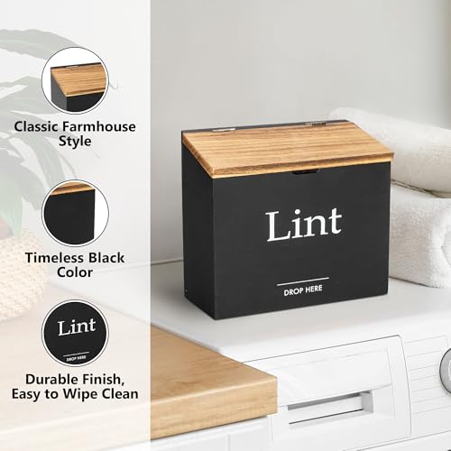 Magnetic Lint Bin for Laundry Room - Compact Size, Wooden Dryer Lint Holder with Lid - Rustic Lint Box, Magnetic Bin - Modern Farmhouse Laundry Room Decor, Black with Torched Lid - color: Black with Torched Lid