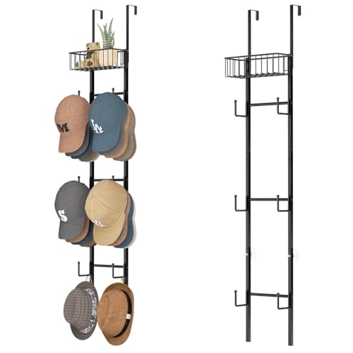 HapiRm Over Door Hat Rack - 2 Packs Wall Mounted Hat Holder with 6 Hooks and Metal Basket Design, Baseball Cap Organizer Storage Up to 32 Caps for Door, Bedroom, Closet, Black - color: Black, size: 2 Pack