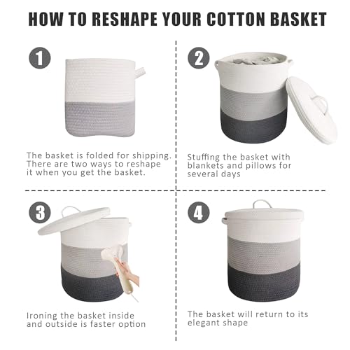 Large Storage Basket with Lid 60L, 16"Wx18"H Woven Laundry Basket with Lid Cotton Laundry Basket, Wicker Basket Blankets Pillows Storage in Living Room Baby Nursery, Dark Gray/Gray/White Mix with Lid - color: Dark Gray/Gray/White Mix-16"Wx18"H