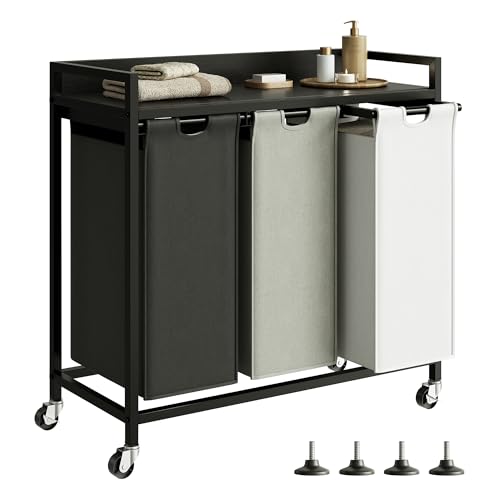 Herture Laundry Hampers with Shelf, Laundry Basket 3 Section, Laundry Sorter with Pull-Out Removable Large 3 Color Bags and Movable Wheels, Metal Frame, 3 x 15.87 Gallons (60L), Black PF04XLK - color: Black + 3-Color, size: 3 Bags-180 L